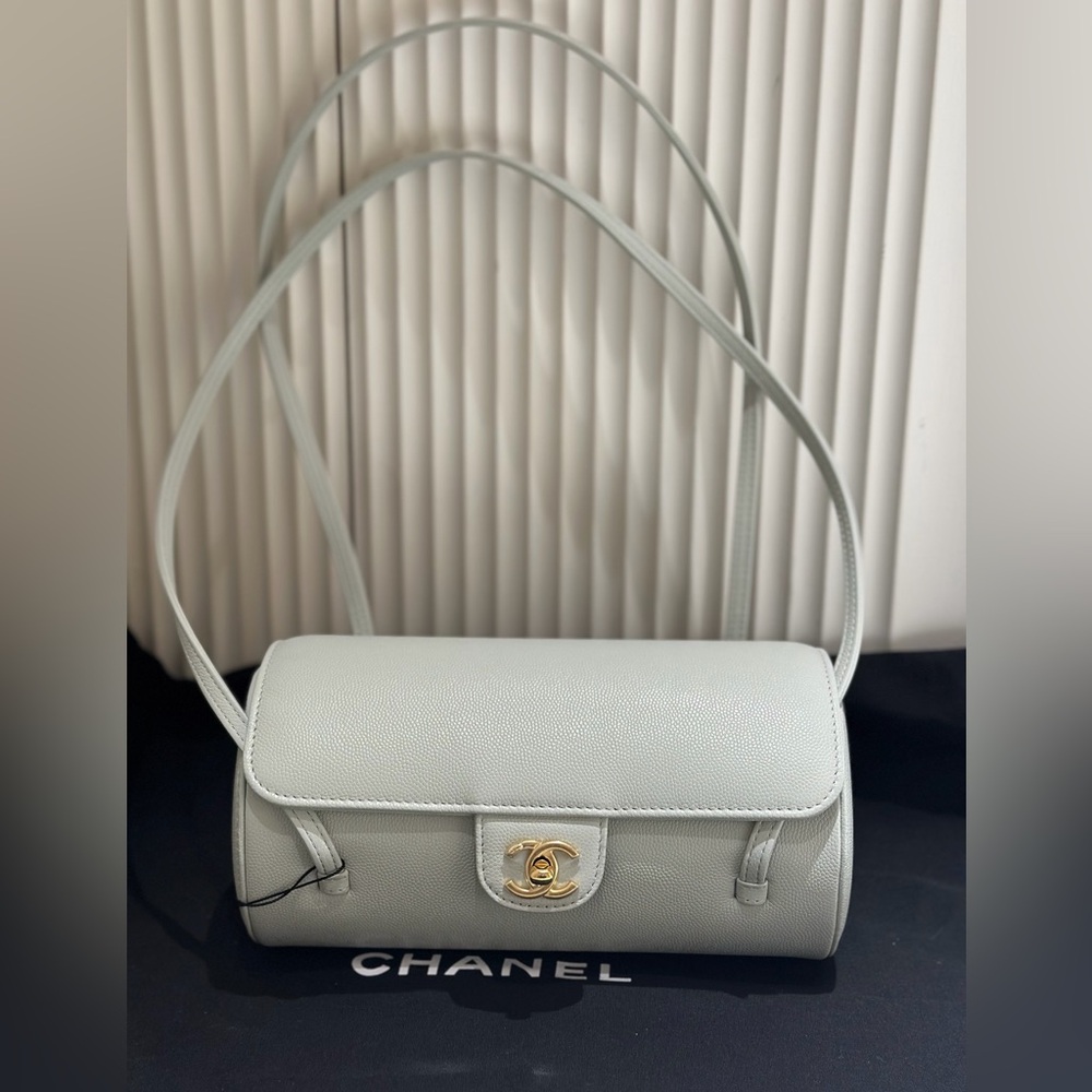 Chanel Preppy Coco Bowling Bag Light Grey Shiny Caviar Brushed Gold Hardware - Picture 6 of 11